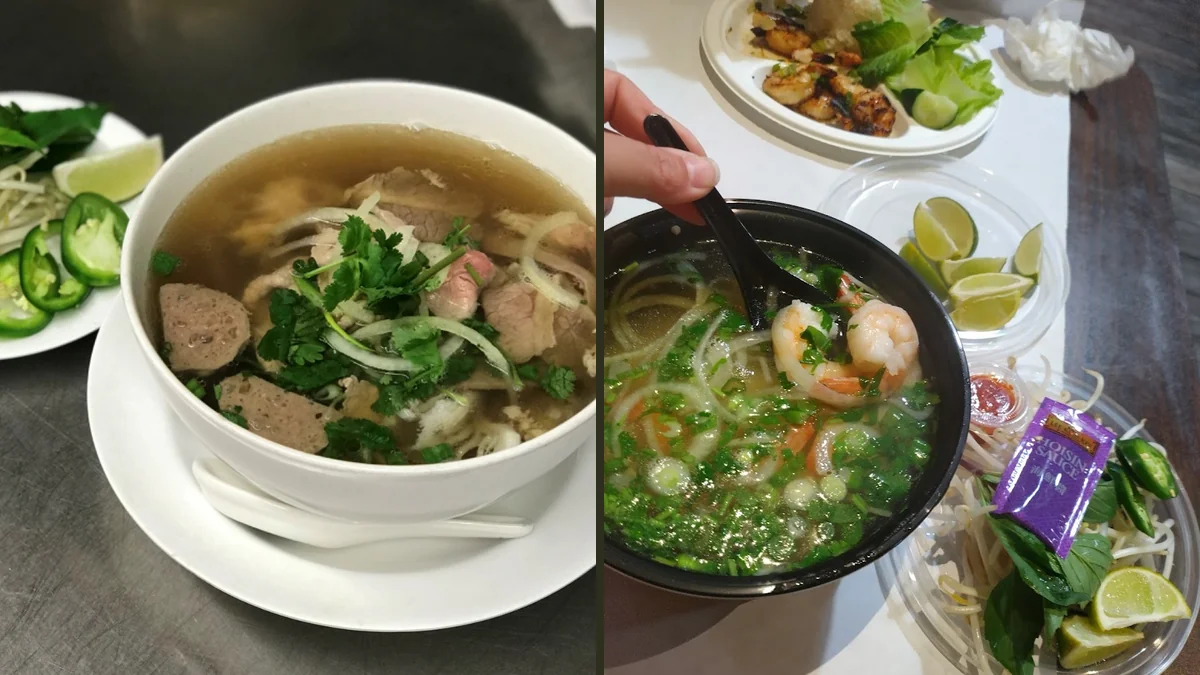 Steaming bowls and seafood plates on a casual table.