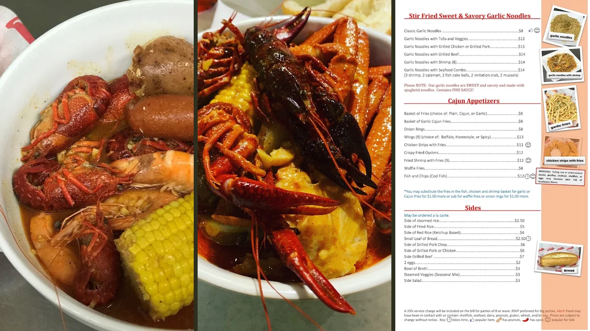 Steaming bowls and seafood plates on a casual table.