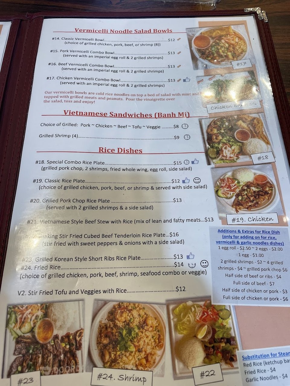 Printed menu with Vietnamese sandwiches and noodle bowls.